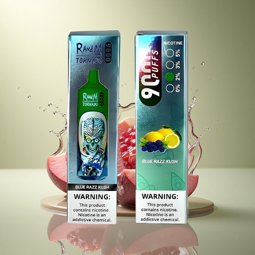 RandM Fumot Tornado 9000 Puffs Blauwe Framboos Kush met Mesh Coil en 850 mAh