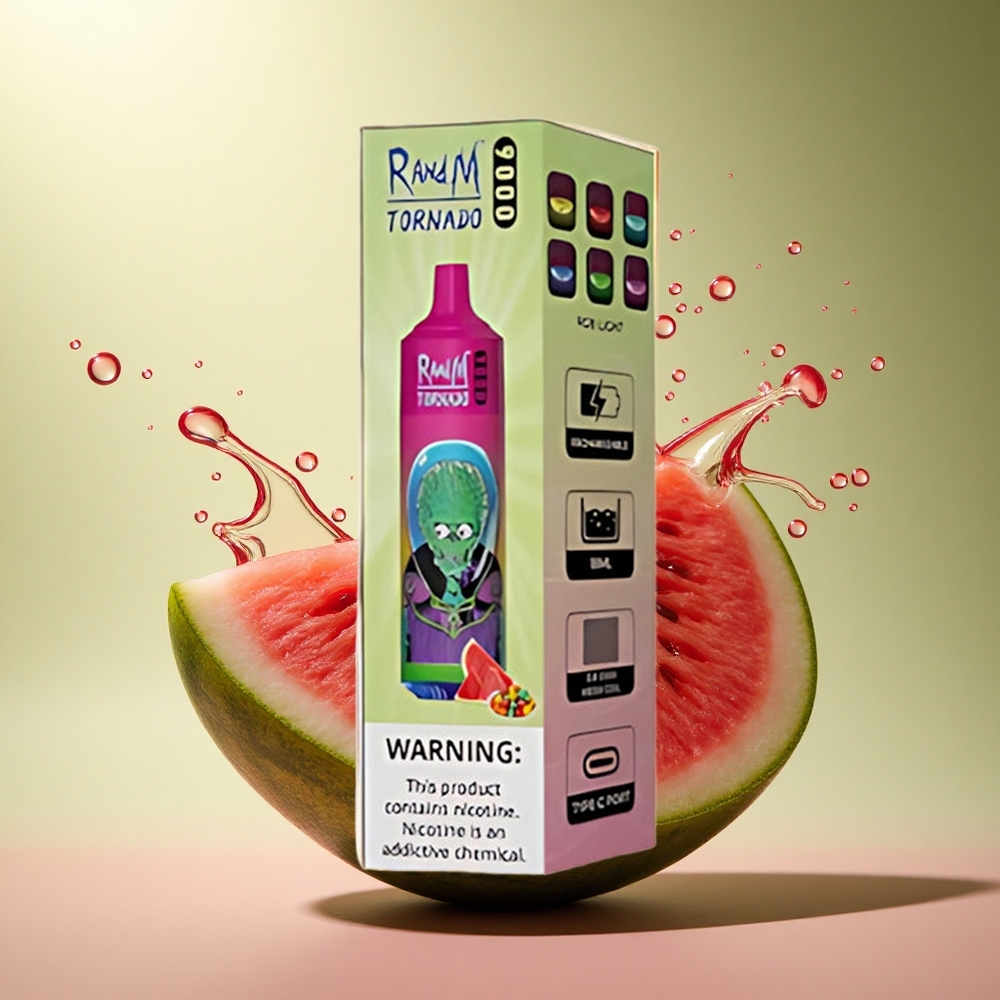RandM Fumot Tornado 9000 Puffs Watermeloen Bubble Gum 18 mL Mesh Coil RGB Display